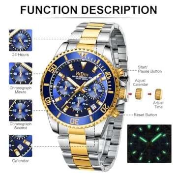 BIDEN Mens Watches Chronograph Gold Blue Stainless Steel Waterproof Date Analog Quartz Watch Business Casual Fashion Wrist Watches for Men