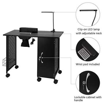 mefeir Manicure Table Nail Desk with Electric Downdraft Vent, Beauty Spa Salon Workstation Iron Fram...