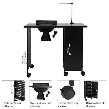 mefeir Manicure Table Nail Desk with Electric Downdraft Vent, Beauty Spa Salon Workstation Iron Frame with Lockable Cabinet, Side Basket, Wrist Rest, Casters and LED Lamp, Black