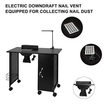 mefeir Manicure Table Nail Desk with Electric Downdraft Vent, Beauty Spa Salon Workstation Iron Frame with Lockable Cabinet, Side Basket, Wrist Rest, Casters and LED Lamp, Black