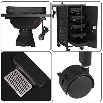 mefeir Manicure Table Nail Desk with Electric Downdraft Vent, Beauty Spa Salon Workstation Iron Frame with Lockable Cabinet, Side Basket, Wrist Rest, Casters and LED Lamp, Black