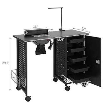 mefeir Manicure Table Nail Desk with Electric Downdraft Vent, Beauty Spa Salon Workstation Iron Frame with Lockable Cabinet, Side Basket, Wrist Rest, Casters and LED Lamp, Black