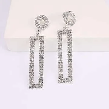 Legitta Rhinestone Long Drop Earrings Silver Cubic Zirconia Sparkly Statement Rectangle Dangle with Circle Studs for Women Wedding Jewelry