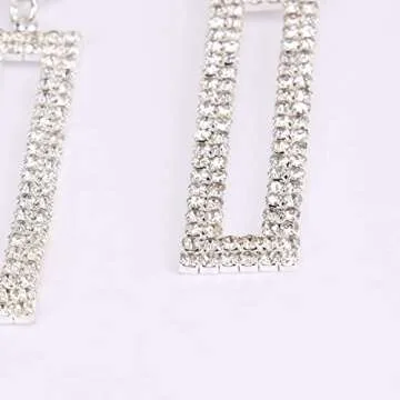 Legitta Rhinestone Long Drop Earrings Silver Cubic Zirconia Sparkly Statement Rectangle Dangle with Circle Studs for Women Wedding Jewelry