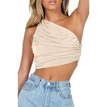 CHYRII Women Summer Crop Tops Ruched One Shoulder Sparkly Sexy Tops for Clubbing Apricot S