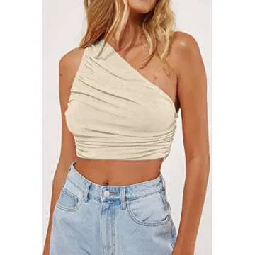 CHYRII Women Summer Crop Tops Ruched One Shoulder Sparkly Sexy Tops for Clubbing Apricot S