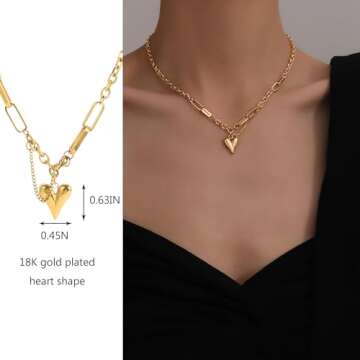 Jellecutte 18K Gold Plated Puffy Heart Charm Necklace For Women Cute Small Heart Pendant Choker Chun...