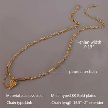 Jellecutte 18K Gold Plated Puffy Heart Charm Necklace For Women Cute Small Heart Pendant Choker Chunky Paperclip Chian Stacked Necklaces Personalized Present For Friend-Gold