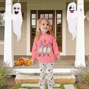 AFUKUIA Halloween Toddler Baby Girl Outfits Lets Go Ghouls Spooky Sweatshirt Ghost Flared Pants 2Pcs...