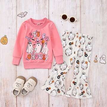 AFUKUIA Halloween Toddler Baby Girl Outfits Lets Go Ghouls Spooky Sweatshirt Ghost Flared Pants 2Pcs Set Fall Clothes(Pink,2-3T)