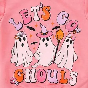 AFUKUIA Halloween Toddler Baby Girl Outfits Lets Go Ghouls Spooky Sweatshirt Ghost Flared Pants 2Pcs Set Fall Clothes(Pink,2-3T)