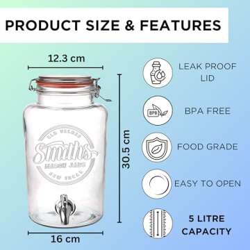 Smiths Mason Jars Glass Drink Dispenser with Stainless Tap Spigot - Perfect for Outdoor Gatherings, ...