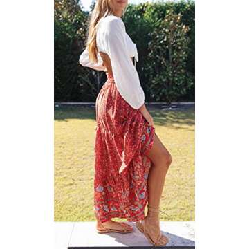 ZESICA Women's 2025 Summer Bohemian Floral Printed Elastic Waist A Line Maxi Skirt with Pockets,Red#2,Medium