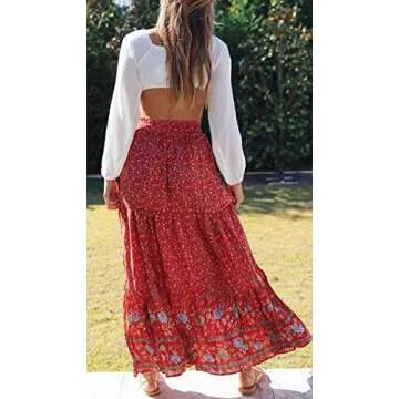 ZESICA Women's 2025 Summer Bohemian Floral Printed Elastic Waist A Line Maxi Skirt with Pockets,Red#2,Medium