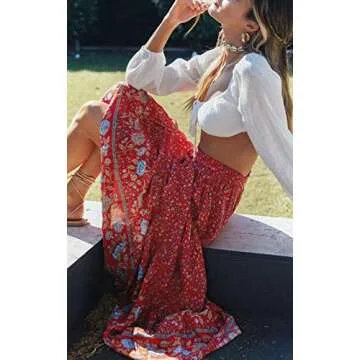 ZESICA Women's 2025 Summer Bohemian Floral Printed Elastic Waist A Line Maxi Skirt with Pockets,Red#2,Medium