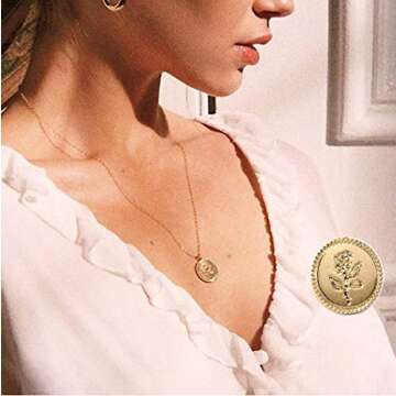 QIAN0813 Gold Alloy Round Rose Flower Lava Rock Pendant Necklace for Women Simple Female Disc Coin N...