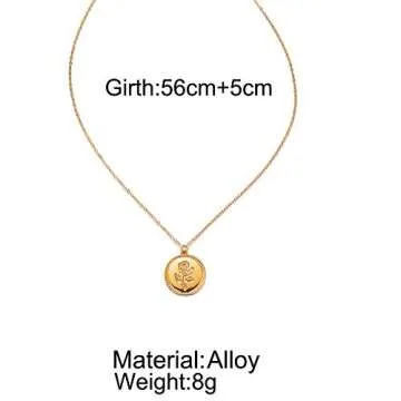 QIAN0813 Gold Alloy Round Rose Flower Lava Rock Pendant Necklace for Women Simple Female Disc Coin Necklace Jewelry (Rose flower)