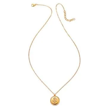 QIAN0813 Gold Alloy Round Rose Flower Lava Rock Pendant Necklace for Women Simple Female Disc Coin Necklace Jewelry (Rose flower)