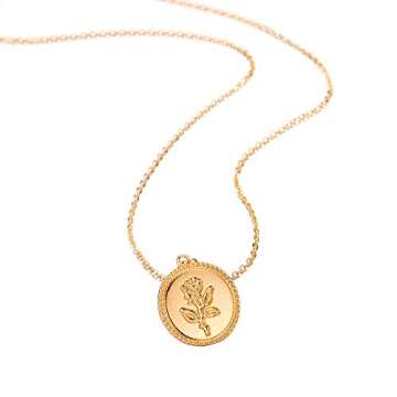 QIAN0813 Gold Alloy Round Rose Flower Lava Rock Pendant Necklace for Women Simple Female Disc Coin Necklace Jewelry (Rose flower)