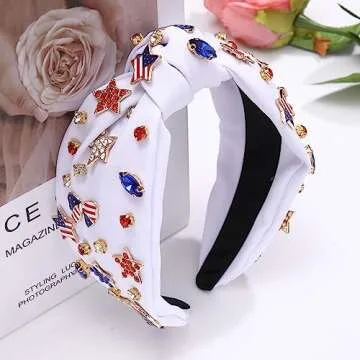 4 th of July Headband for Women American Flag Knottted Headband Star USA Charm Fourth of July Patriotic Headband Headpiece Red White and Blue Crystal Top Knot Wide Hairband Hair Accessories Gift (white patriotic headband)
