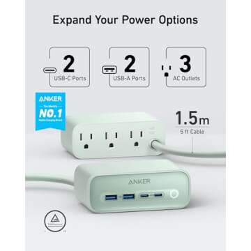 Anker 525 Charging Station, 7-in-1 USB C Power Strip for iphone13/14, 5ft Extension Cord with 3AC,2USB A,2USB C,Max 65W Power Delivery Desktop Accessory for MacBook Pro, Home, Office (Natural Green)