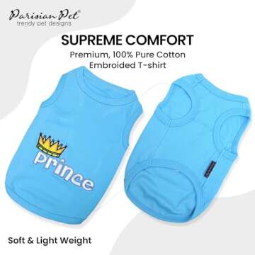 Parisian Pet Dog T-Shirt - Embroidered ' Prince ' 100% Cotton, Dog Clothes - Sleeveless Pet Vest - M...