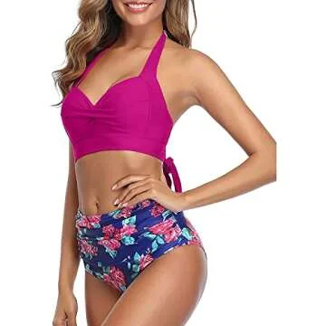 Tempt Me Women's Vintage Swimsuits Retro Halter Ruched High Waist Bikini with Bottom Rose Red M