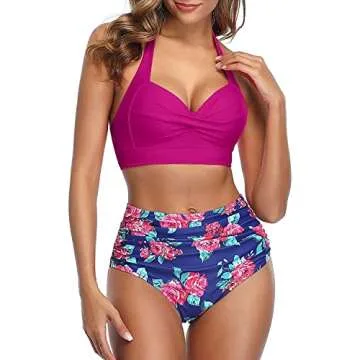 Tempt Me Women's Vintage Swimsuits Retro Halter Ruched High Waist Bikini with Bottom Rose Red M