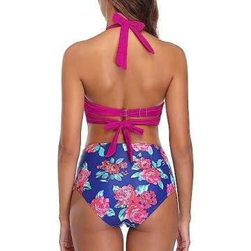 Tempt Me Women's Vintage Swimsuits Retro Halter Ruched High Waist Bikini with Bottom Rose Red M