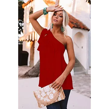 Guteidee Women's One Shoulder Tops Casual Tie Bow Knot Sleeveless Blouse Tunic Shirts Dark/Red X-Large