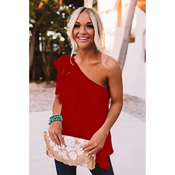 Guteidee Women's One Shoulder Tops Casual Tie Bow Knot Sleeveless Blouse Tunic Shirts Dark/Red X-Large