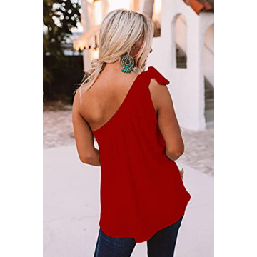Guteidee Women's One Shoulder Tops Casual Tie Bow Knot Sleeveless Blouse Tunic Shirts Dark/Red X-Large