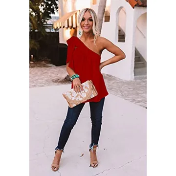 Guteidee Women's One Shoulder Tops Casual Tie Bow Knot Sleeveless Blouse Tunic Shirts Dark/Red X-Large