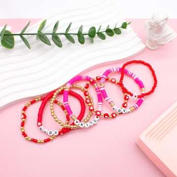 Ronglry 7pcs Valentines Bracelet for Women Clay Bead Bracelet Heishi Surfer Bracelets Set Love Heart...