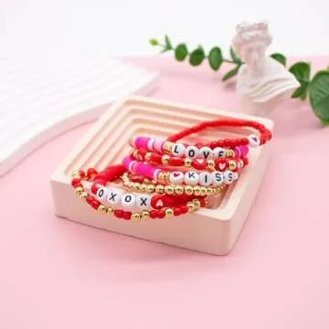 Ronglry 7pcs Valentines Bracelet for Women Clay Bead Bracelet Heishi Surfer Bracelets Set Love Heart Valentines beaded Bracelets Bulk Cute Pink Red Stackable Stretch Bracelets for Valentines Accessories Jewelry Gifts-7pcs
