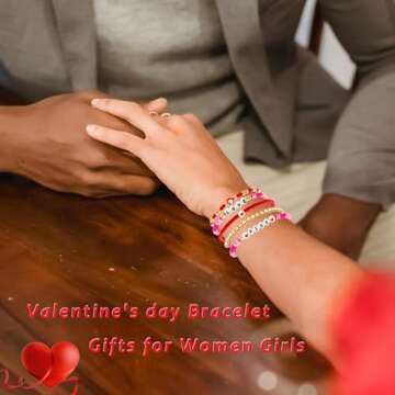 Ronglry 7pcs Valentines Bracelet for Women Clay Bead Bracelet Heishi Surfer Bracelets Set Love Heart Valentines beaded Bracelets Bulk Cute Pink Red Stackable Stretch Bracelets for Valentines Accessories Jewelry Gifts-7pcs