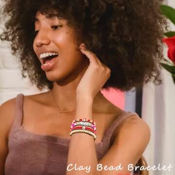 Ronglry 7pcs Valentines Bracelet for Women Clay Bead Bracelet Heishi Surfer Bracelets Set Love Heart Valentines beaded Bracelets Bulk Cute Pink Red Stackable Stretch Bracelets for Valentines Accessories Jewelry Gifts-7pcs