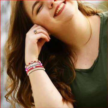 Ronglry 7pcs Valentines Bracelet for Women Clay Bead Bracelet Heishi Surfer Bracelets Set Love Heart Valentines beaded Bracelets Bulk Cute Pink Red Stackable Stretch Bracelets for Valentines Accessories Jewelry Gifts-7pcs