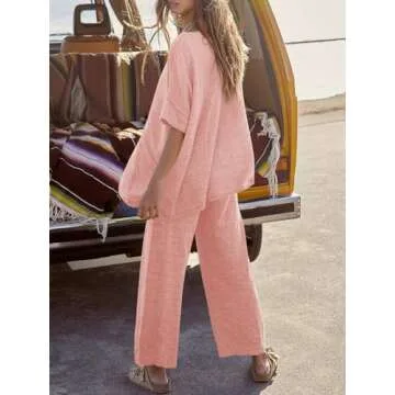 Tankaneo Women's 2 Piece Travel Outfits Casual Short Sleeve Knit Sweater Set Wide Leg Pants Lounge Sets Tracksuit