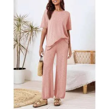 Tankaneo Women's 2 Piece Travel Outfits Casual Short Sleeve Knit Sweater Set Wide Leg Pants Lounge Sets Tracksuit