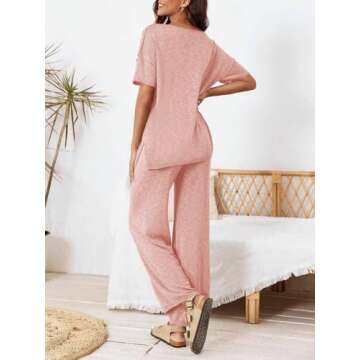 Tankaneo Women's 2 Piece Travel Outfits Casual Short Sleeve Knit Sweater Set Wide Leg Pants Lounge Sets Tracksuit