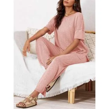 Tankaneo Women's 2 Piece Travel Outfits Casual Short Sleeve Knit Sweater Set Wide Leg Pants Lounge Sets Tracksuit