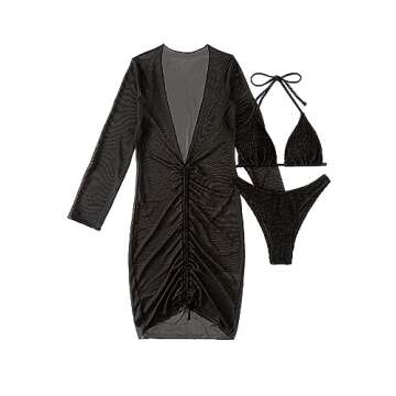 Lilosy Sexy Long Sleeve Fishnet Beach Swim Cover Up Dress String Tie Side Cheekly Thong Triangle Bikini 3 Piece Sheer Swimwear Swimsuit Women Bathing Suit Set Smocked Drawstring Black Small