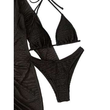 Lilosy Sexy Long Sleeve Fishnet Beach Swim Cover Up Dress String Tie Side Cheekly Thong Triangle Bikini 3 Piece Sheer Swimwear Swimsuit Women Bathing Suit Set Smocked Drawstring Black Small