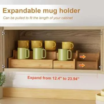 Hongtamoya 2-Tier Expandable Coffee Mug Holder, Countertop Station Bamboo Mug Cup Rack Coffee Bar Organizer, Tea Cups Stand for Cabinet, Multi-Functional Mug Holder Shelf for Kitchen, Home