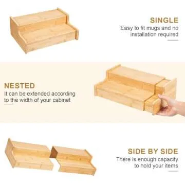 Hongtamoya 2-Tier Expandable Coffee Mug Holder, Countertop Station Bamboo Mug Cup Rack Coffee Bar Organizer, Tea Cups Stand for Cabinet, Multi-Functional Mug Holder Shelf for Kitchen, Home