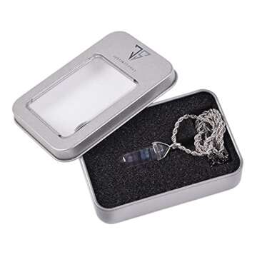 Justinstones Natural Rainbow Fluorite Gemstone Hexagonal Pointed Reiki Chakra Pendant Necklace 20" High-grade Iron Gift Box