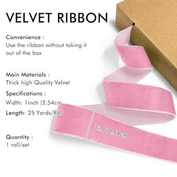 Pink Velvet Ribbon 1'' 25 Yards for Christmas Tree, Gift Wrapping, Flower Bouquet, Wreath Decorations, Bow Making