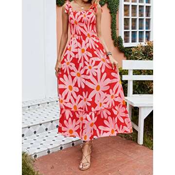 ZESICA Women's Boho Summer Floral Print Tie Straps Sleeveless Square Neck Smocked Flowy Ruffle A Line Maxi Dress