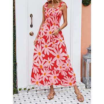 ZESICA Women's Boho Summer Floral Print Tie Straps Sleeveless Square Neck Smocked Flowy Ruffle A Line Maxi Dress